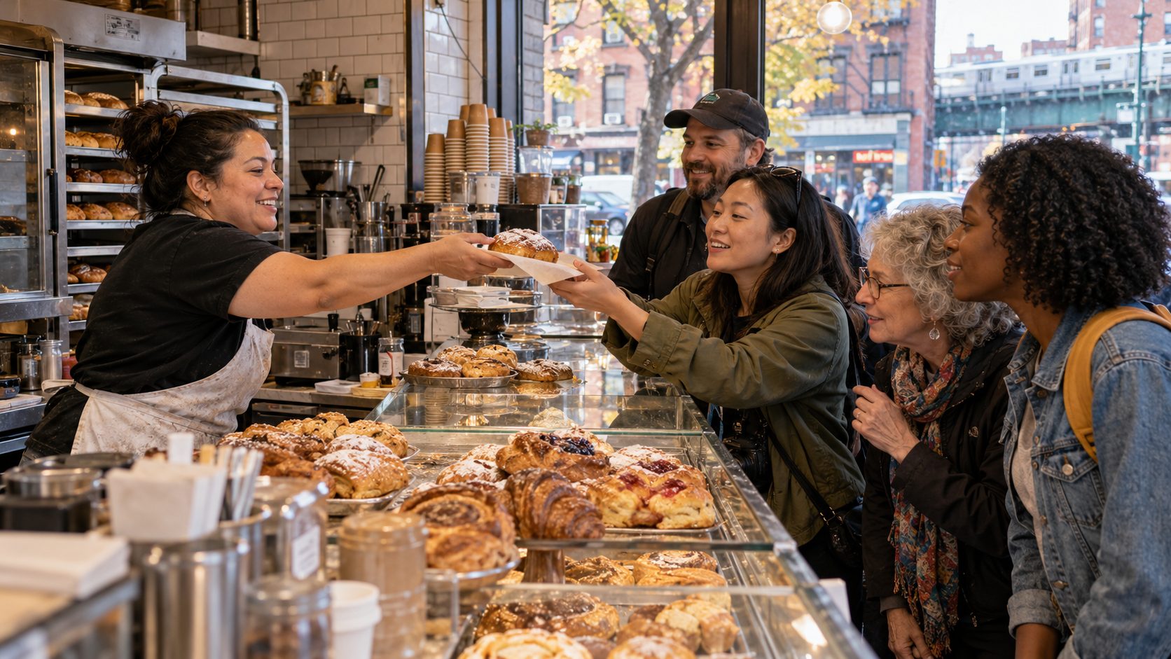 Guests at a New York bakery counter on a food tour